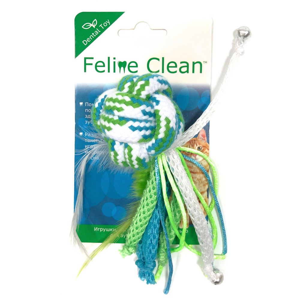 Feline Clean игрушка для кошек Dental Мячик из каната, ленты и перья (5 см)