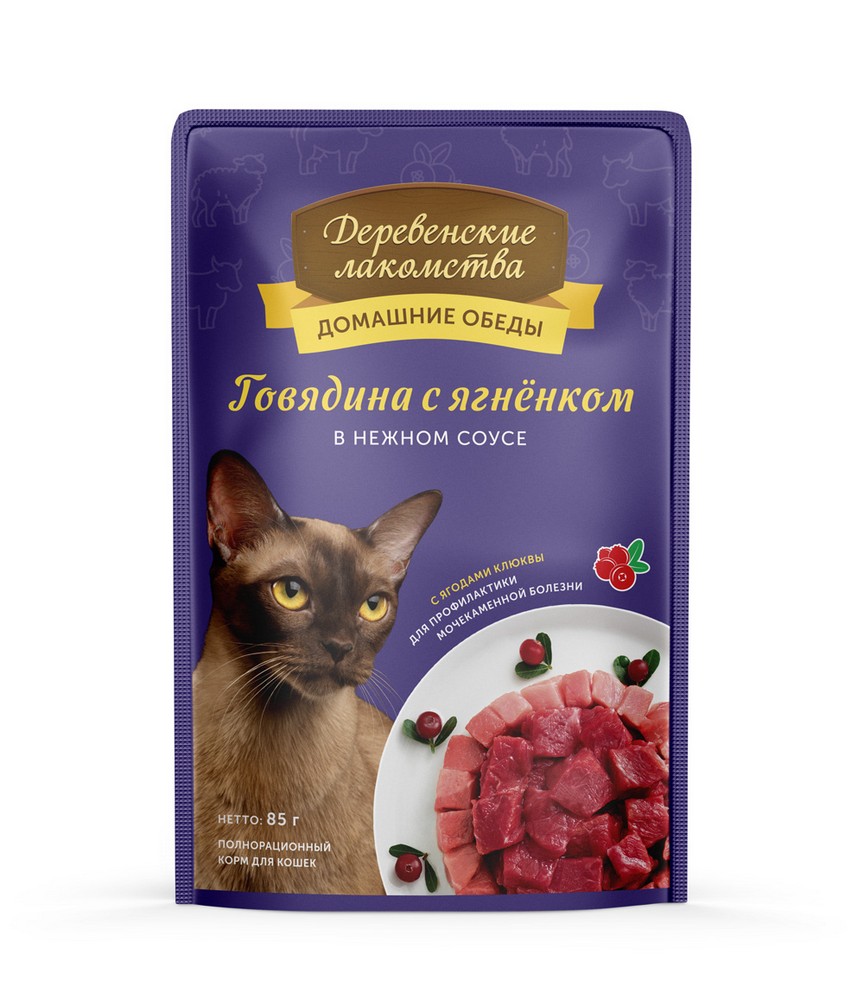 "Деревенские лакомства" консервы для кошек Говядина с ягненком в нежном соусе, пауч (85 г)