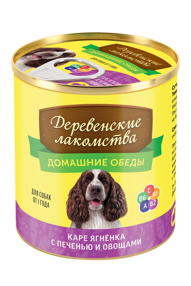 Деревенские лакомства Домашние обеды Консервы для собак Каре ягненка с печенью и овощами д/с, 240 г. (240 г)