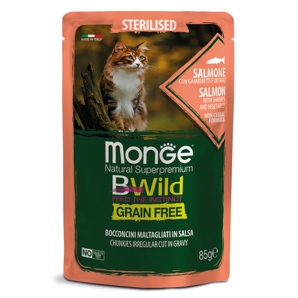 Monge Cat BWild GRAIN FREE паучи из лосося с креветками и овощами для стерилизованных кошек (85 г)