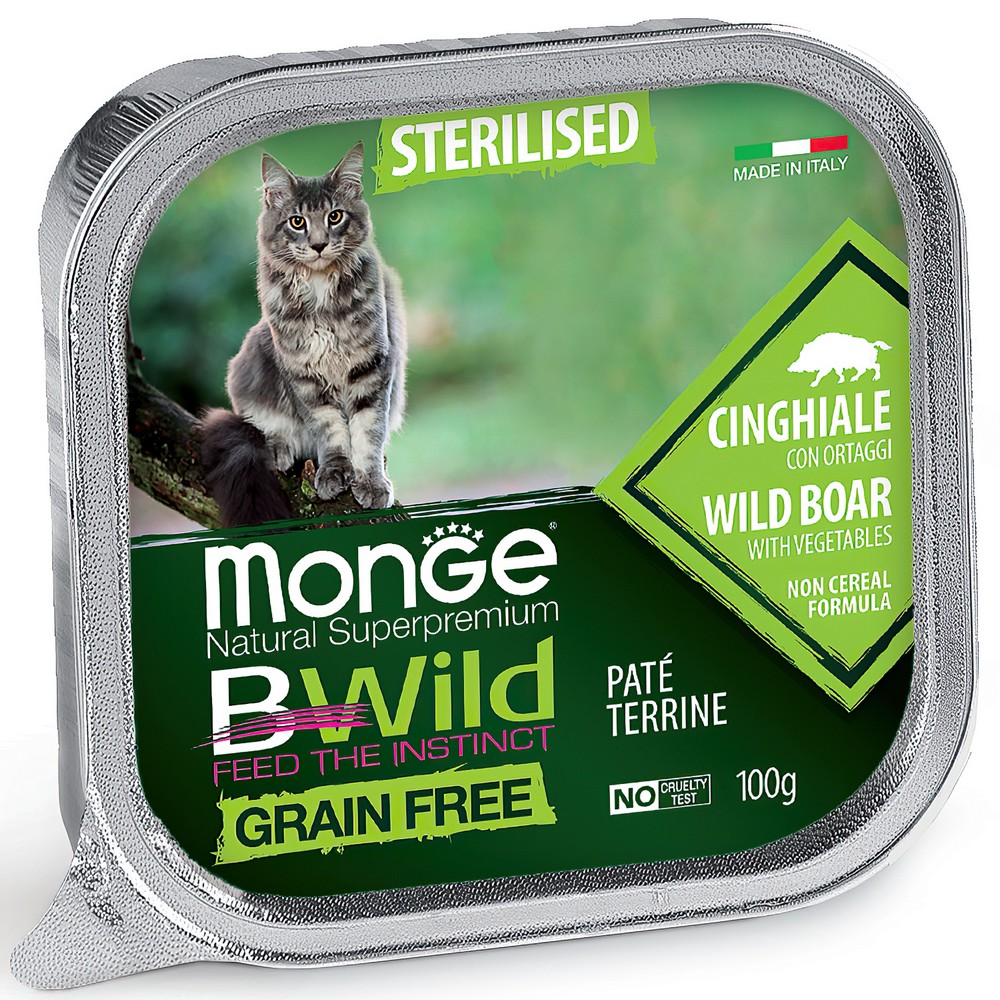 Monge Cat BWild GRAIN FREE Консервы из мяса дикого кабана с овощами для стерилиз. кошек (ламистер) (100 г)