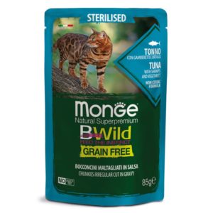 Monge Cat BWild GRAIN FREE паучи из тунца с креветками и овощами для стерилизованных кошек (85 г)