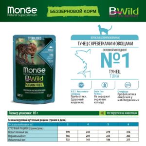 Monge Cat BWild GRAIN FREE паучи из тунца с креветками и овощами для стерилизованных кошек (85 г)