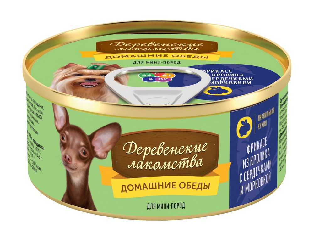 Деревенские лакомства Домашние обеды Консервы для собак мини-пород КроликСердечкиМорковь 100г (100 г)