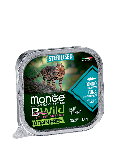 Monge Cat BWild GRAIN FREE беззерновые консервы из тунца с овощами для взрослых кошек 100г